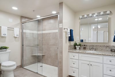 Modern bathroom with shower and vanity