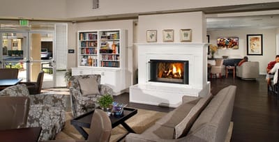 Cozy common area with a fireplace and bookshelves