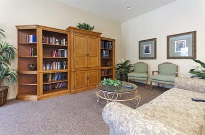 Cozy lounge area with bookshelves and seating