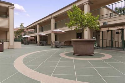 Outdoor patio area with tables and seating
