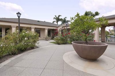 Outdoor area with garden and building entrance