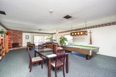 Bright common area with a pool table and dining table