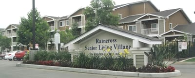 Exterior view of Raincross Senior Living Village sign
