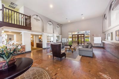 Bright interior common area with seating