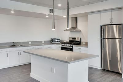 Modern kitchen interior with stainless steel appliances