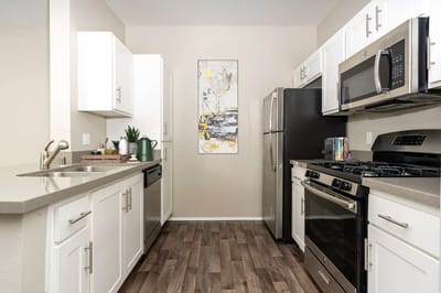 Modern kitchen interior with stainless steel appliances