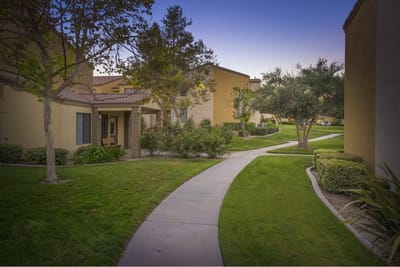 Beautiful walking path through well-maintained landscaping