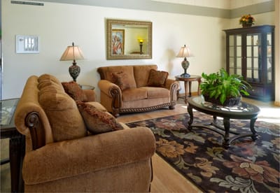 Cozy common area with sofa and plants
