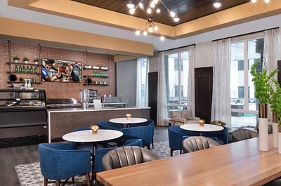 Interior view of a bright dining area with seating
