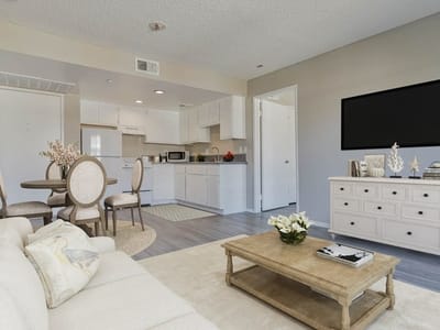 Bright, modern living room in a facility apartment