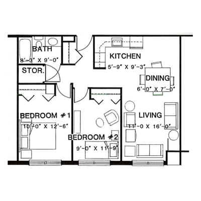 Architectural floor plan of a two-bedroom unit