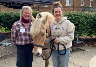 Residents interacting with a therapy horse outdoors