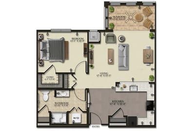 Architectural floor plan of a one-bedroom unit