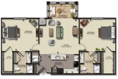 Architectural floor plan of a two-bedroom unit