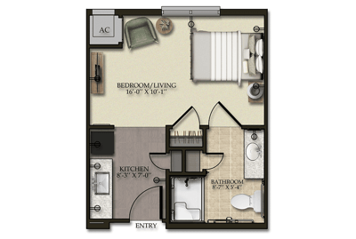 Architectural floor plan of a resident suite