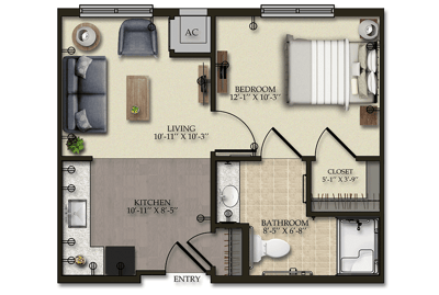 Floor plan of a one-bedroom apartment