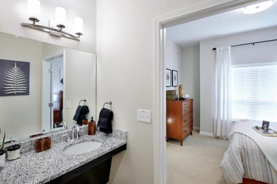 Interior view of a resident's room with a bathroom