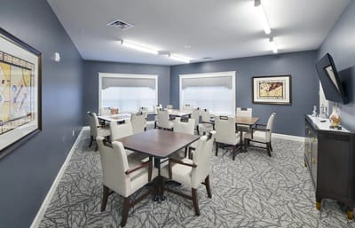 Interior view of a dining room with tables