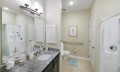 Modern bathroom with a double sink and shower