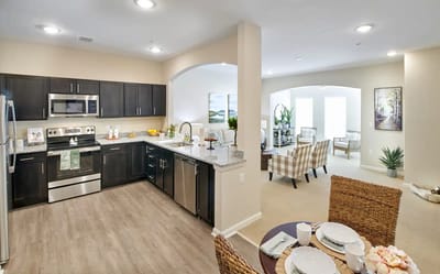Modern kitchen and living area in assisted living facility
