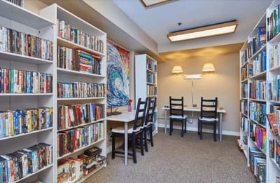 Interior view of a library area with bookshelves