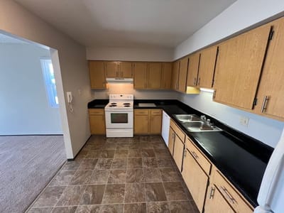 View of a kitchen in a senior living apartment