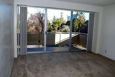 Interior view of an apartment with sliding doors.