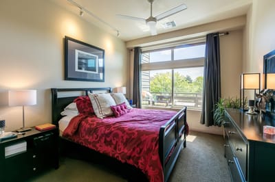 Cozy bedroom with modern decor and natural light