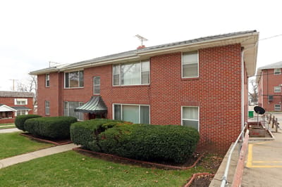 Exterior view of a brick apartment building