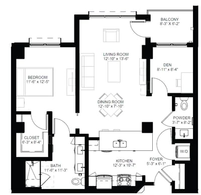 Floor plan layout of a senior living apartment
