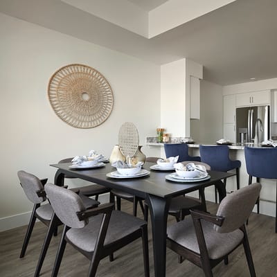 Bright dining area with set table and modern decor