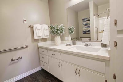 Bright, modern bathroom with accessible features