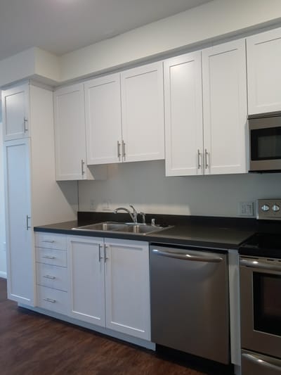 Modern kitchen interior with white cabinets and appliances