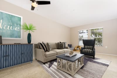 Bright and welcoming living room in a senior facility