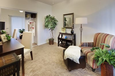 Cozy interior of a resident room with plants and furniture