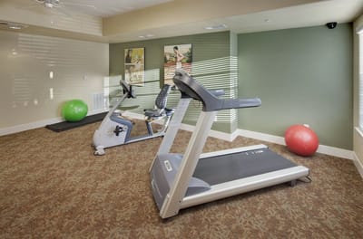 Fitness room with exercise equipment and balls