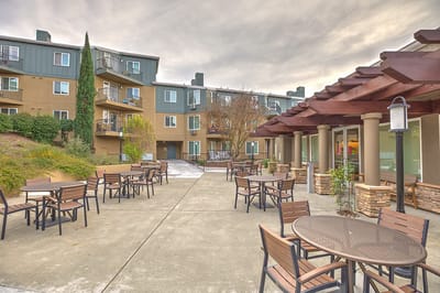 Outdoor courtyard with seating area and landscaping