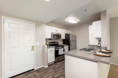 Modern kitchen interior with appliances and countertops