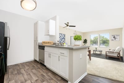 Bright interior view of a kitchen and living area