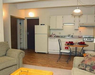 A cozy kitchen and living area in an apartment