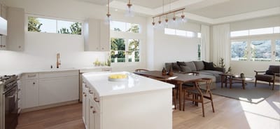 Modern kitchen and living area in a bright space
