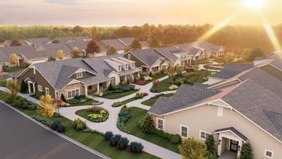 Aerial view of a senior living community at sunset