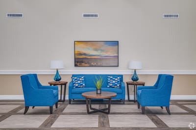 Bright and inviting lounge area with blue furniture
