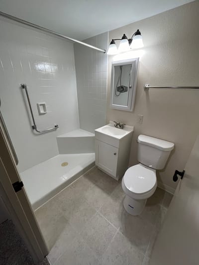 Accessible bathroom with shower and safety features