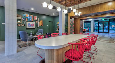 Bright common area with modern decor and seating