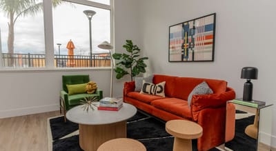 Bright common area with colorful furniture and decor