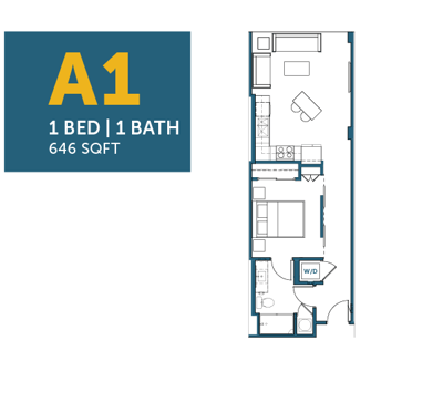 Architectural floor plan of a one-bedroom unit