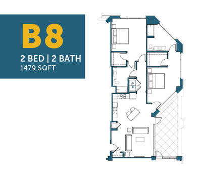 Architectural floor plan of a 2-bedroom apartment