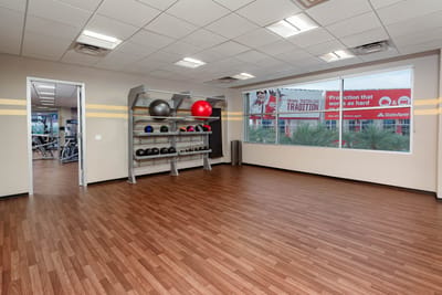 Interior view of a fitness area with equipment
