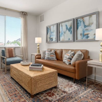 Bright and stylish common area in a senior living facility